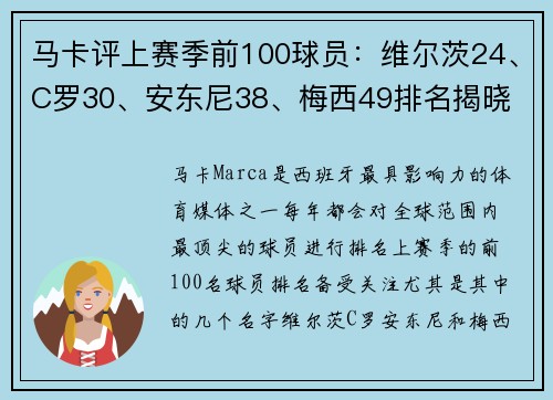 马卡评上赛季前100球员：维尔茨24、C罗30、安东尼38、梅西49排名揭晓