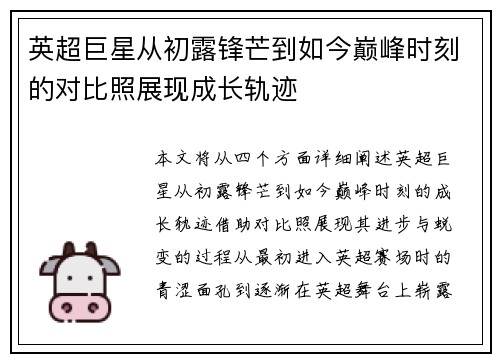 英超巨星从初露锋芒到如今巅峰时刻的对比照展现成长轨迹